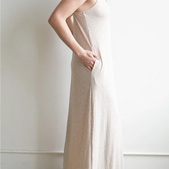 Carly Jean Los Angeles Oatmeal Heather Maxi Slip Dress WITH POCKETS - Picture 3 of 8